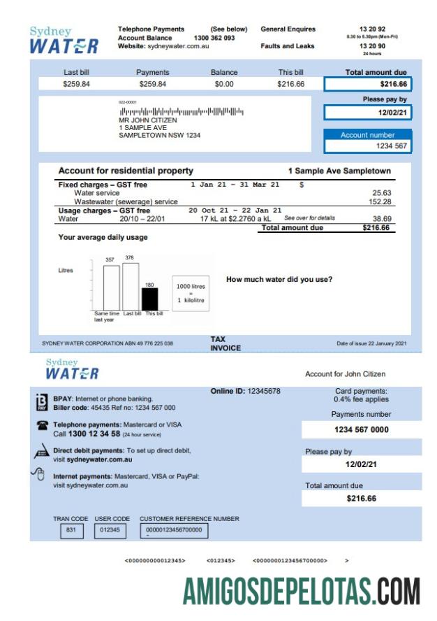 Conta de serviços públicos de água de Sydney na Austrália baixar para verificação
